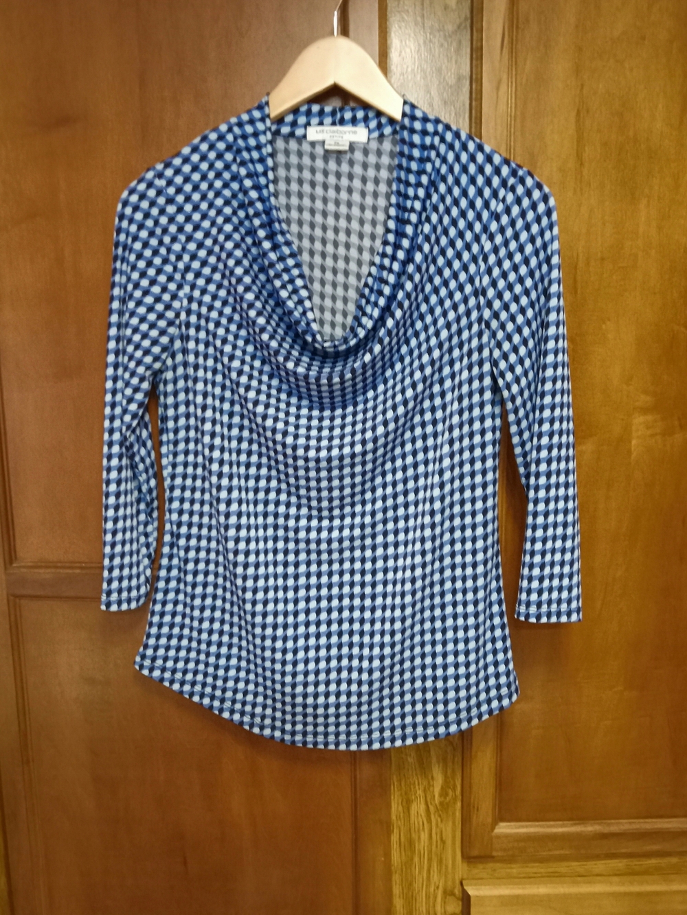 Liz Claiborne Blue & White Cowl Neck Blouse